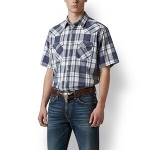 4/$20 Plains Western Wear Men’s Large Plaid Pearl Snap Button-Up Shirt Gray Navy